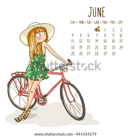 June. 2017 calendar with cute girl in a hat with bicycle at the walk. Can be used like greeting cards.