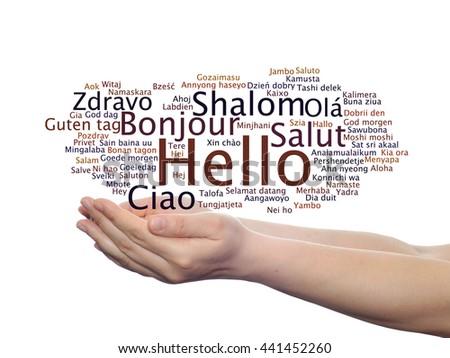 Concept or conceptual abstract hello or greeting international word cloud on hands in different languages or multilingual, metaphor to world, foreign, worldwide, travel, translate, vacation or tourism