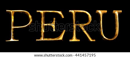 Wooden letters in gold on black background spelling PERU