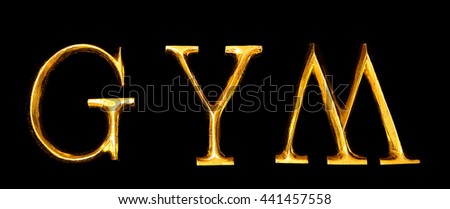 Wooden letters in gold on black background spelling GYM