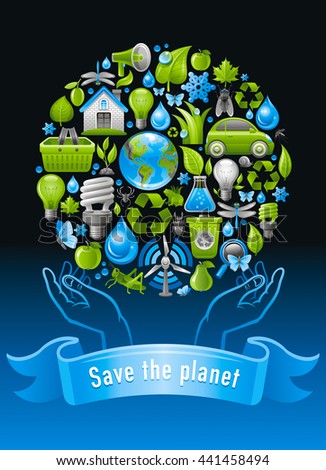 Vector illustration with human hands holding ecological icon set with Earth globe, light bulb, wind turbine, shopping basket, recycling symbol. Ecology concept on black background.