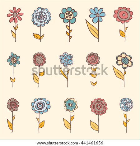 Set of retro style flowers in bright colors.Isolated on white for greeting cards, scrap booking.