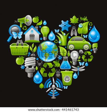 Ecological set with green icons on black background for environment protection concept. Recycling symbol, Earth globe, garbage can, electric car, light bulb, insect, organic food, wind turbine, water