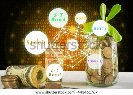 Fintech and Coded Investment concept image. Asset allocation icons against Double exposure image of US dollars bank notes and money coins with money coins in jar and abstract binary code background.