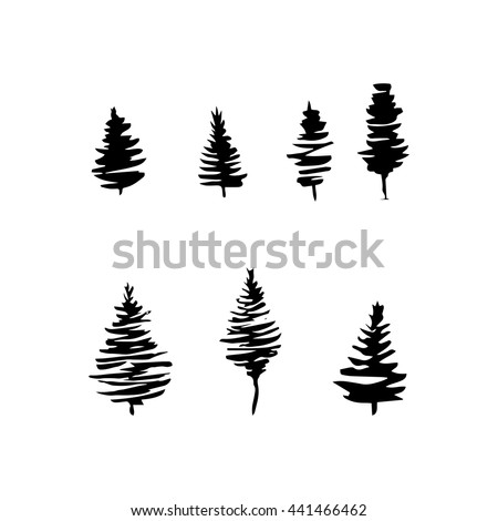Fir tree black silhouettes, set isolated on white. Hand drawn ink style. Christmas tree