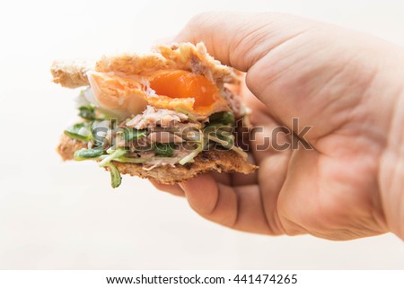 Sandwich in hand on white background,Simple breakfast