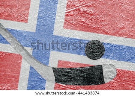 The image of the Norwegian flag and hockey puck with the stick on the ice. Concept