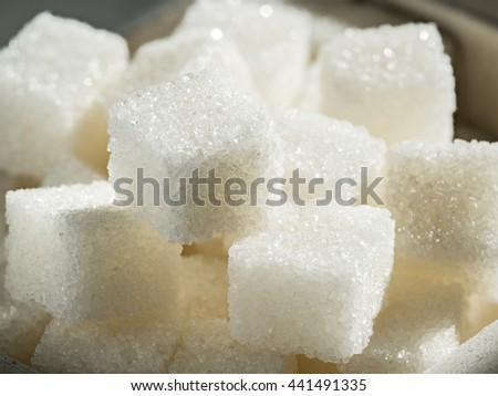 Close up shot of white refinery sugar. Royalty-Free Stock Photo #441491335
