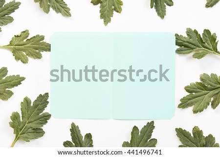 Craft paper card and green leaves on white background. Overhead view. Flat lay, top view.