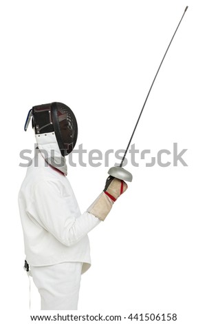Man wearing fencing suit practicing with sword on white background