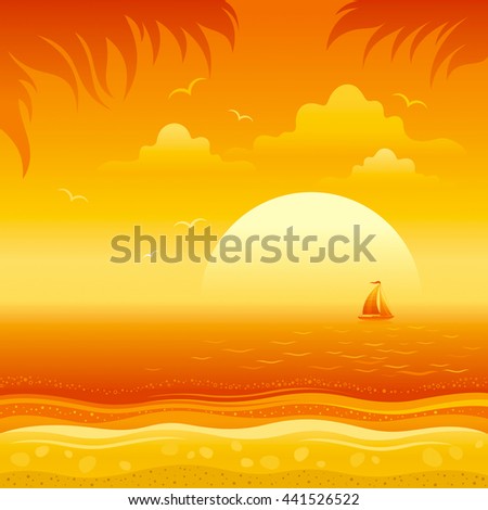 Travel vector illustration with beautiful beach sunset landscape, sea background, palm tree leafs, sand coastline, sailing ship. For any tourism, vacation design template.