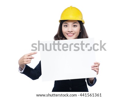 Smiling architect woman hold blank sign board. Isolated portrait.