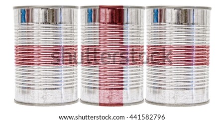 Three tin cans with the flag of England on them isolated on a white background.
