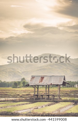 shacks in the north of thailand with the sunset , vintage tone , vintage style, vintage picture

