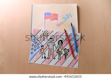 Child's drawings of American flag on paper