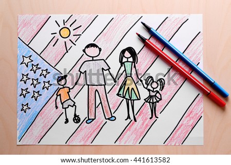 Child's drawing of American flag on paper