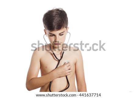 little boy check his heart by stethoscope