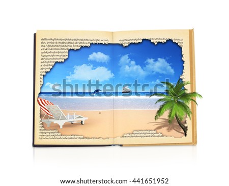 Concept of reading. Open book with picture of rest. Ocean, sky and beach with palm tree and sunbed. Concept of vacation  isolated on white background. 