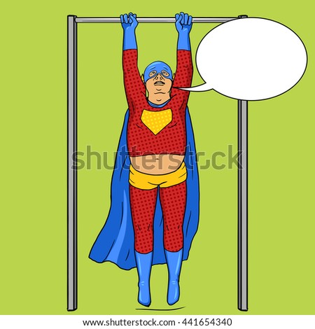 Fat superhero on horizontal bar. Cartoon pop art vector illustration. Human comic book vintage retro style.
