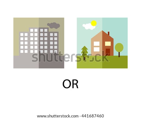Picture-icon. Town or village, suburb. Choosing a place to live. Word Or - Stock Vector