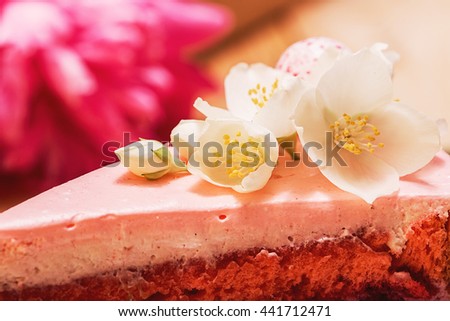 Food, food styling, cooking. Close up slice of pink cake with small white flowers