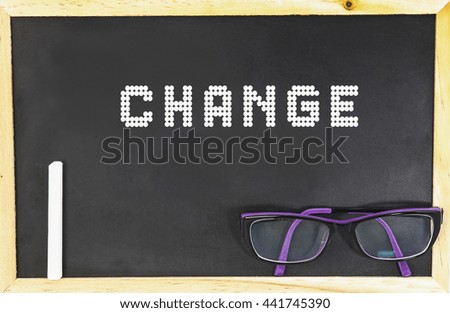 CHANGE  word in blackboard with chalk and glasses