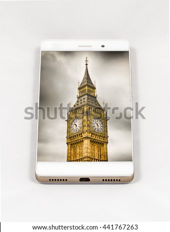Modern smartphone with full screen picture of London, UK. Concept for travel smartphone photography. All images in this composition are made by me and separately available on my portfolio