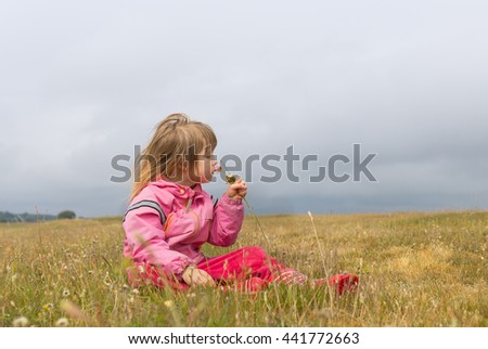 portrait of cute little blond girl in preschool age smelling wild  flowers on rural field with yellow dried grass in europe