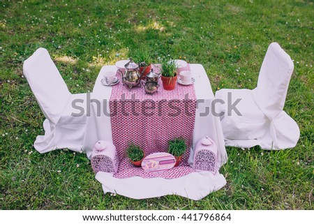 Dessert table with tea decorated for a kids outdoor party