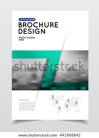 Annual report vector illustration. Brochure with text. A4 size corporate business brochure cover. Business presentation with photo and geometric graphic elements. Catalogue template for company.