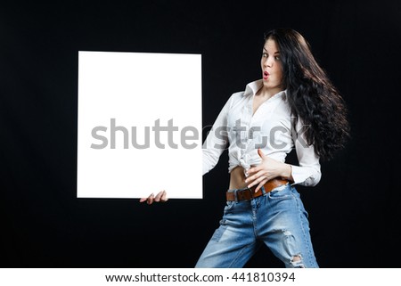Woman woth banner on black background