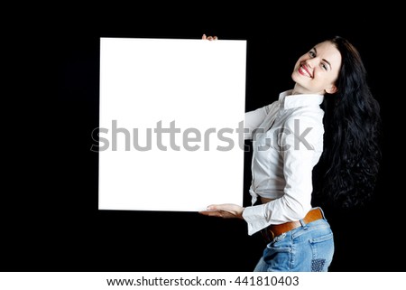 Woman woth banner on black background
