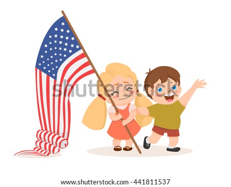 Vector 4 july US independence day sign with lettering. Flat, cartoon children holding American flag. Web design, poster, banner, print element. Object for advertisement background