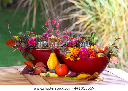 Autumn decoration on the garden table
