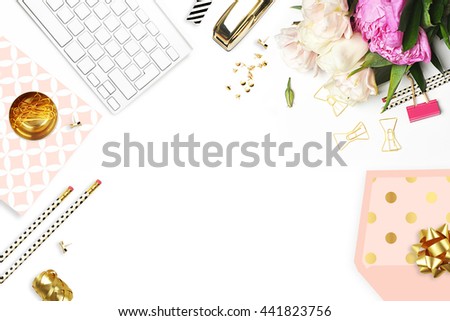 Woman desktop elegant. Flat lay. Gold items on the table. White mock-up background. Header or hero website. mock up for artwork .View from above. Wedding background.