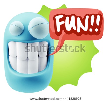 3d Illustration Laughing Character Emoji Expression saying Fun with Colorful Speech Bubble.