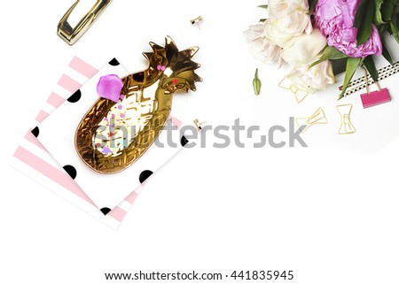 Styled background. Mock-up photo. Fashion and trendy. Flat lay. Stationery items, polka dots pattern with pineapple and gold stapler. Header for site, hero
