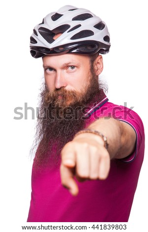 funny happy european bearded cyclist wearing helmet with pink / purple t shirt. advise people to protection. studio shot. isolated on white.
