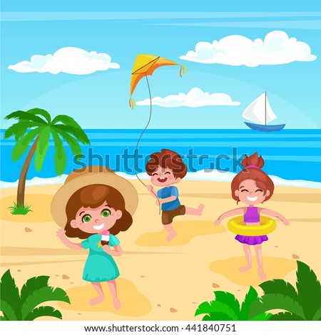 kids on the beach.summer background.kids of the sea.kids beach illustration