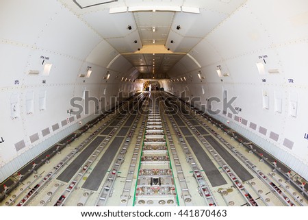Cargo airplane. Transport Boeing 747. Boeing 747 freighter. Transport airplane. Airfreight carrier. Transport aviation. LD3, LD6, LD1, LD11 containers space. Pallet loading space. Royalty-Free Stock Photo #441870463