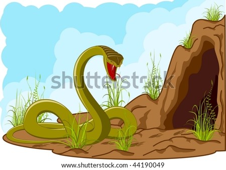 landscape with angry snake near cave with tracks of smb. Vector