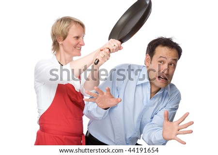 Full isolated studio picture from a cook with her employee