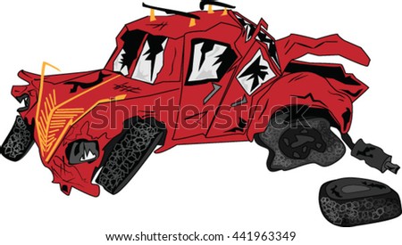 Broken red car. Vector Image.