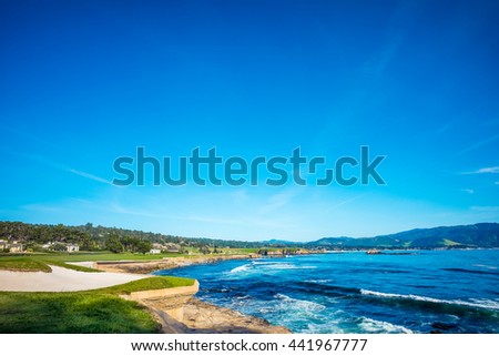 Sea Side Next To Pebble Beach Golf Course 18th Hole Green & Bunker Royalty-Free Stock Photo #441967777