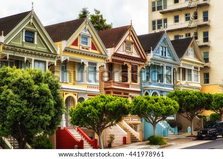 San Francisco Victorian houses in Alamo Square at California USA Royalty-Free Stock Photo #441978961
