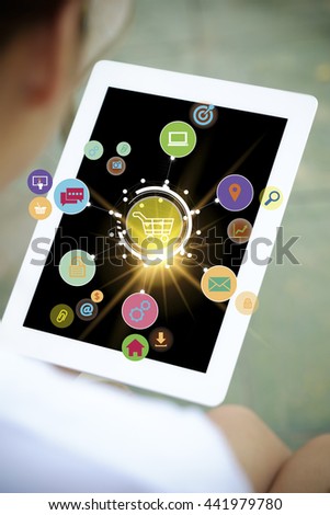 shopping cart with application software icons on tablet , shopping online concept 
