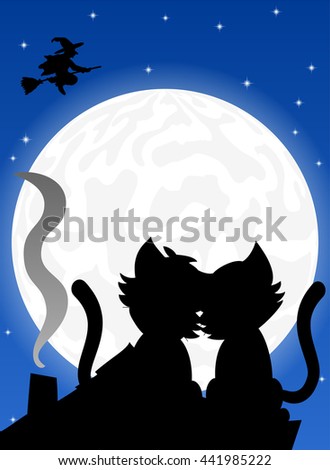 illustration of a cat couple on a roof at full moon