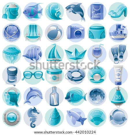 Sea travel icon set in blue color with vacation summer beach symbols on white background. Concept symbol collection contains photo camera, dolphin, whale, shell, pearl, ,flippers, sea horse, yacht
