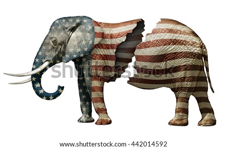Photo illustration of a flag adorned elephant, split in two to represent the fracturing of the Republican party. Royalty-Free Stock Photo #442014592