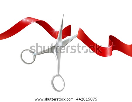 Metal scissors for cutting and red silk  ribbon realistic vector illustration